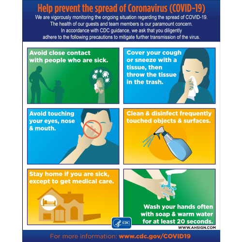 Steps to Prevention Hotel Sign COVID-19, Styrene, 9 in W x 11 in H